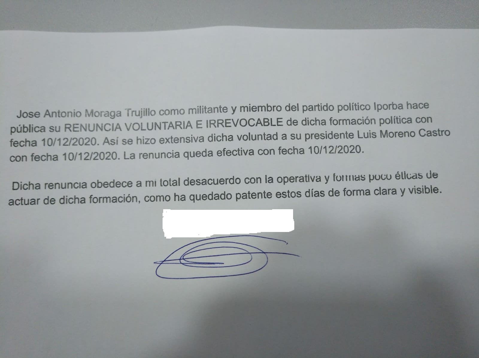 José Antonio Moraga renuncia “de forma irrevocable” a su militancia en Iporba