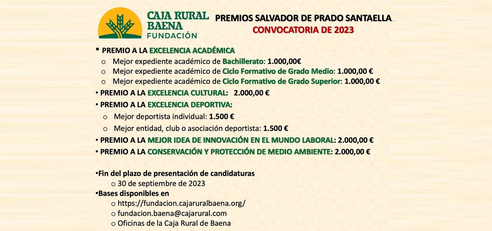 La Fundación Caja Rural de Baena convoca los VI Premios ‘Salvador de Prado Santaella’ dotados con 12.000 euros en metálico