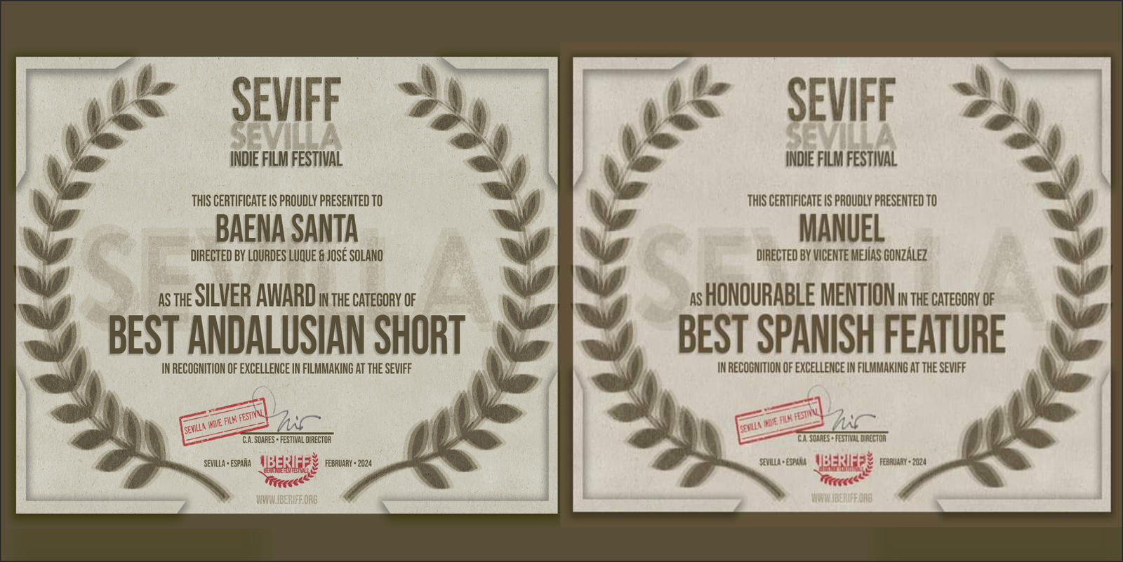 ‘Manuel’ y ‘Baena Santa’ premiadas en el Sevilla Indie Film Festival con sendos reconocimientos