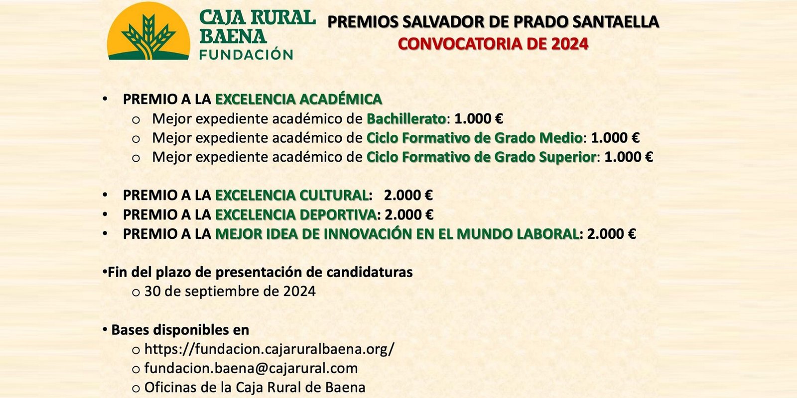El 30 de septiembre finaliza el plazo de inscripción de los VII Premios ‘Salvador de Prado Santaella’