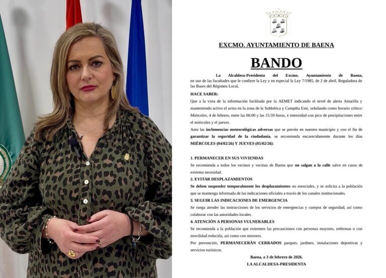 La alcaldesa de Baena dicta un nuevo Bando ante la ‘Alerta Amarilla’ por inclemencias meteorológicas