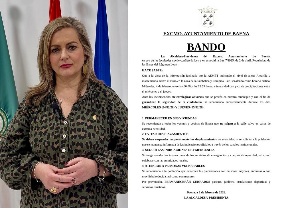 La alcaldesa de Baena dicta un nuevo Bando ante la ‘Alerta Amarilla’ por inclemencias meteorológicas