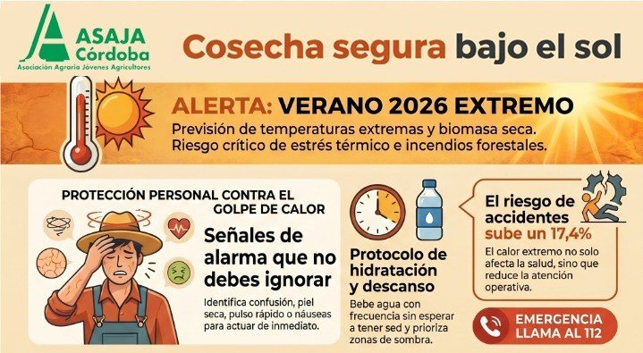 ASAJA Córdoba advierte de los riesgos del calor durante la campaña de cosecha y pide extremar la prevención en el campo